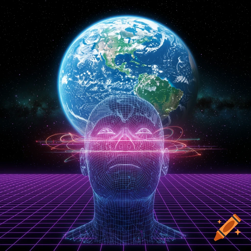 A conceptual image of a wireframe human head with glowing pink light, facing Earth in a star-filled space with a purple grid plane.