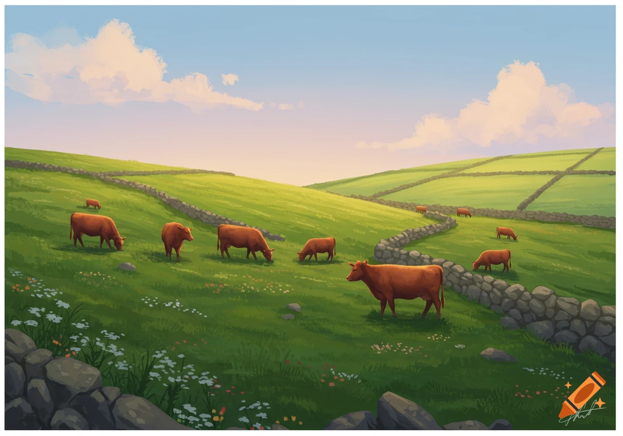 An illustration of red cows grazing on green hills separated by stone walls under a blue sky with clouds.