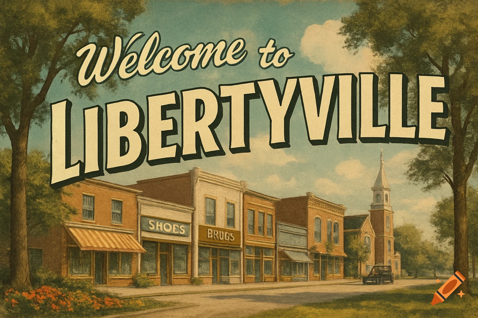 A vintage postcard featuring a town street with shops and a church under text reading 'Welcome to LIBERTYVILLE'.
