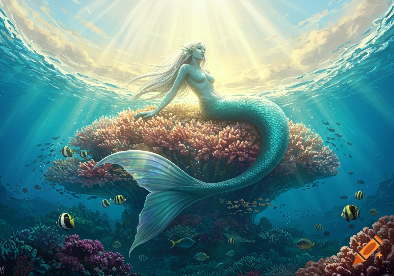 A beautiful mermaid with long white hair and a blue-green tail sits on coral underwater, with sunlight streaming from the surface.