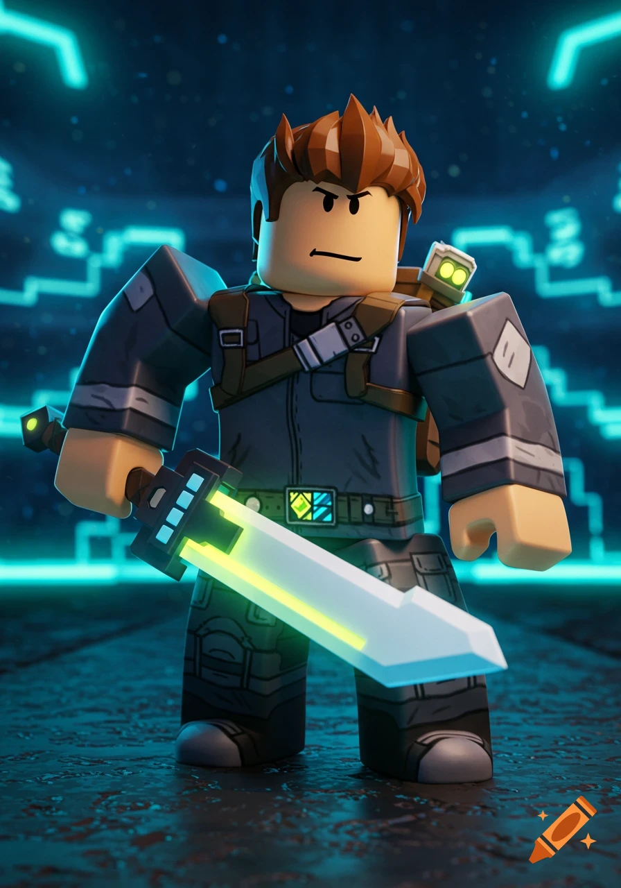 A stylized Roblox character with brown hair and a gray outfit, holding a glowing sword against a blue, tech-themed background.