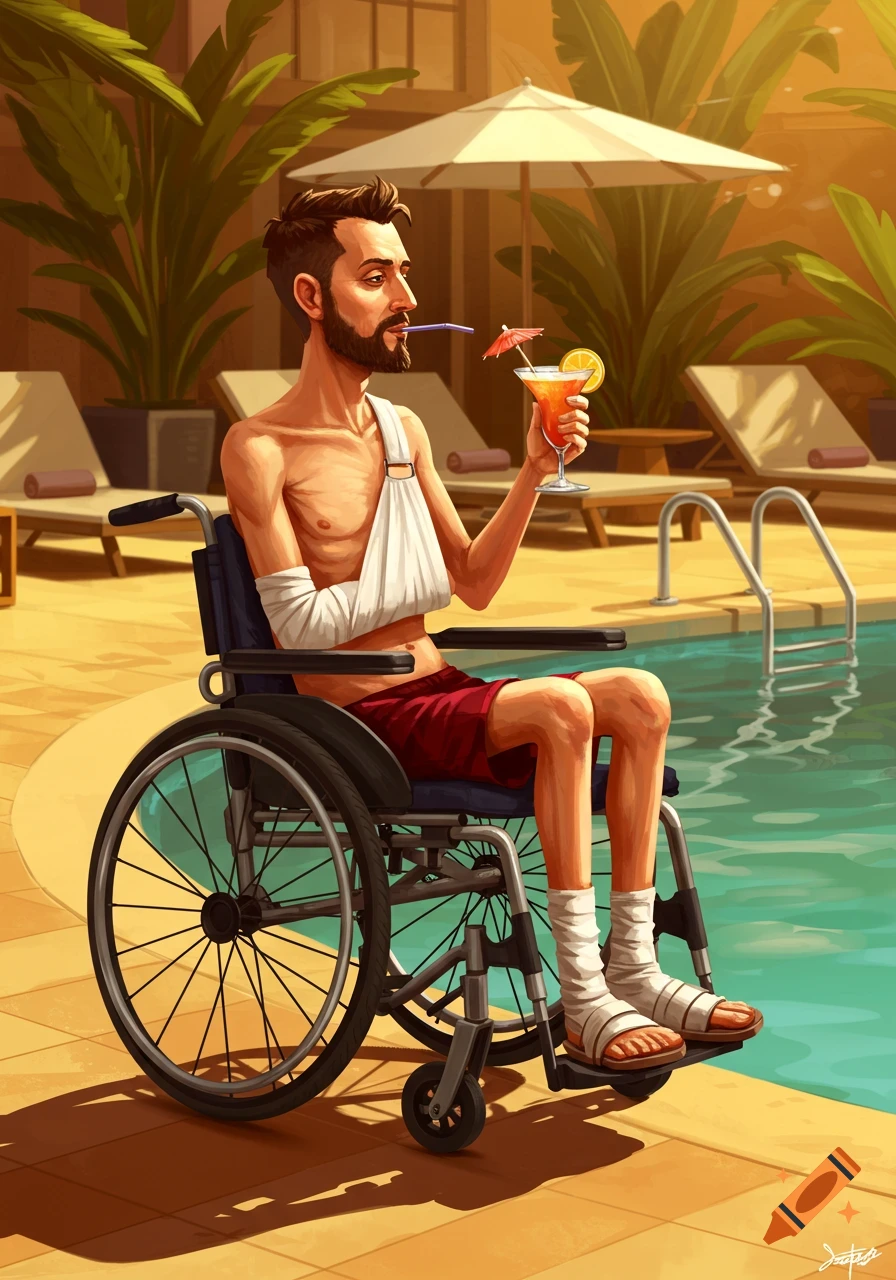 A man with a beard and an arm sling sits in a wheelchair by a swimming pool, holding a cocktail with a straw and umbrella. Sunny, relaxed style.