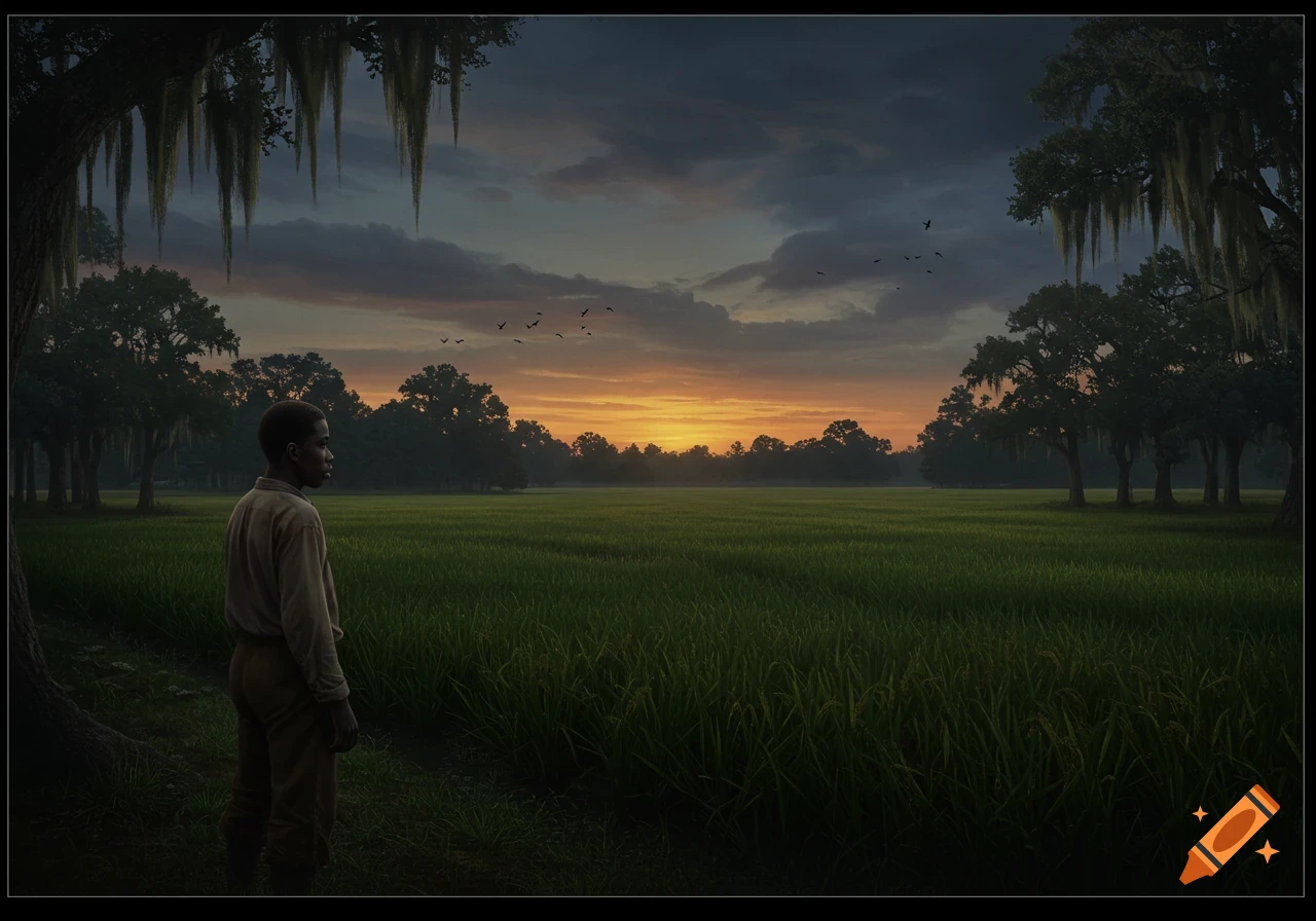 A young man stands looking out over vast green fields at sunset, with large trees draped in Spanish moss.