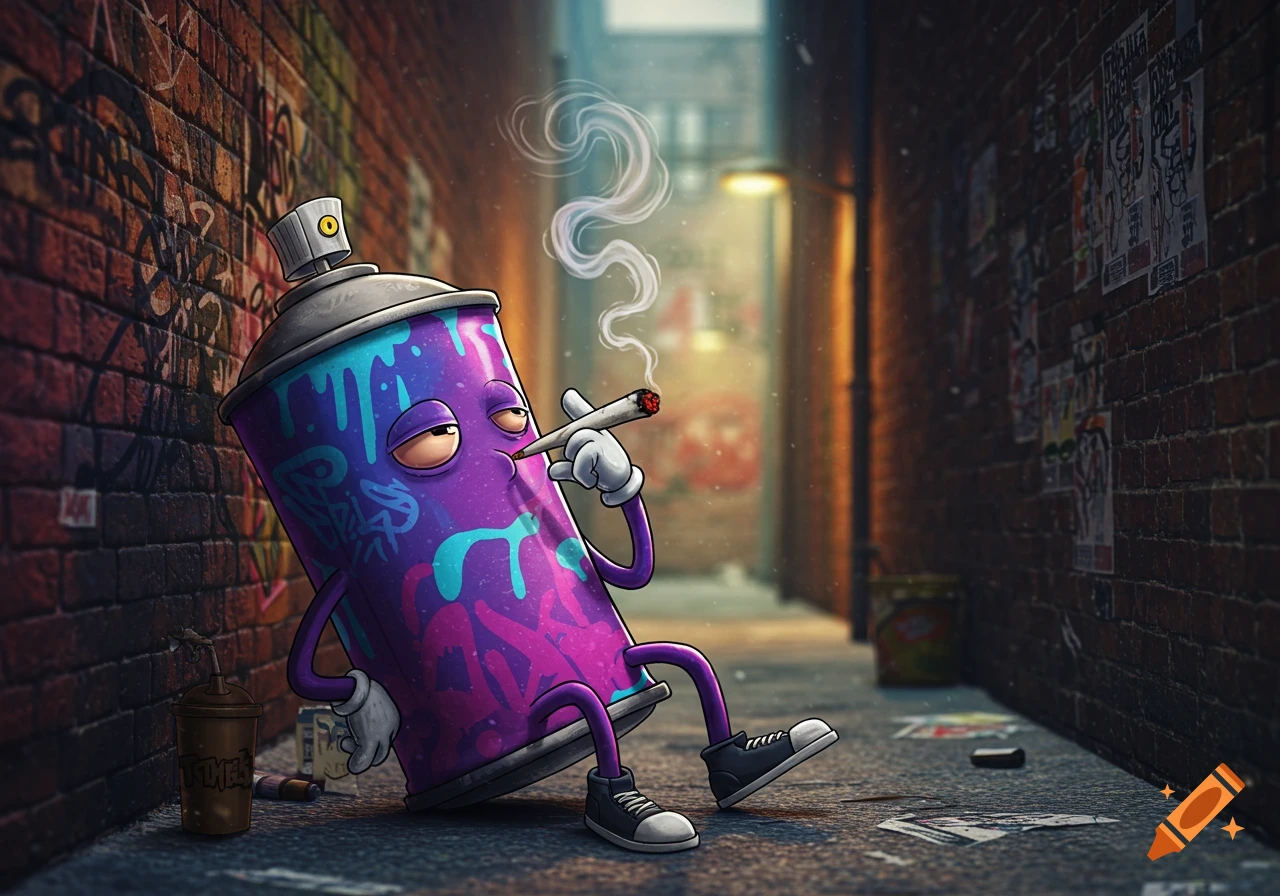 A cartoon spray paint can character with a face, arms, and legs leans against a brick wall in a dark alley, smoking a lit joint.