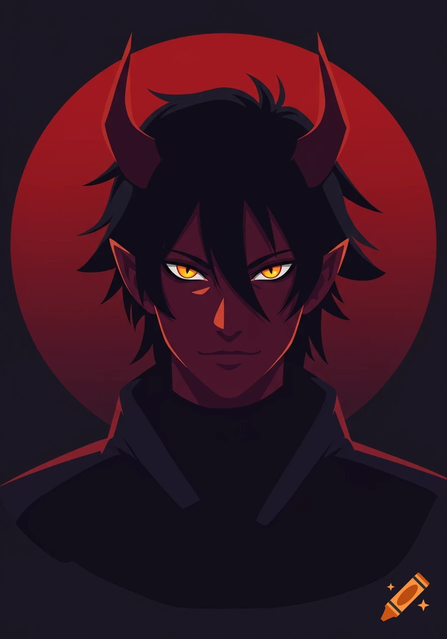 Anime male character with dark hair, red skin, orange glowing eyes, and red horns, against a red circle on a dark background.