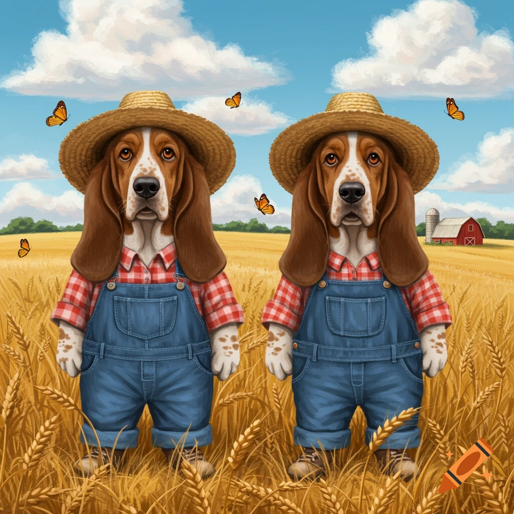 Two basset hounds dressed as farmers in overalls and straw hats stand in a golden wheat field with butterflies, a barn, and a silo.