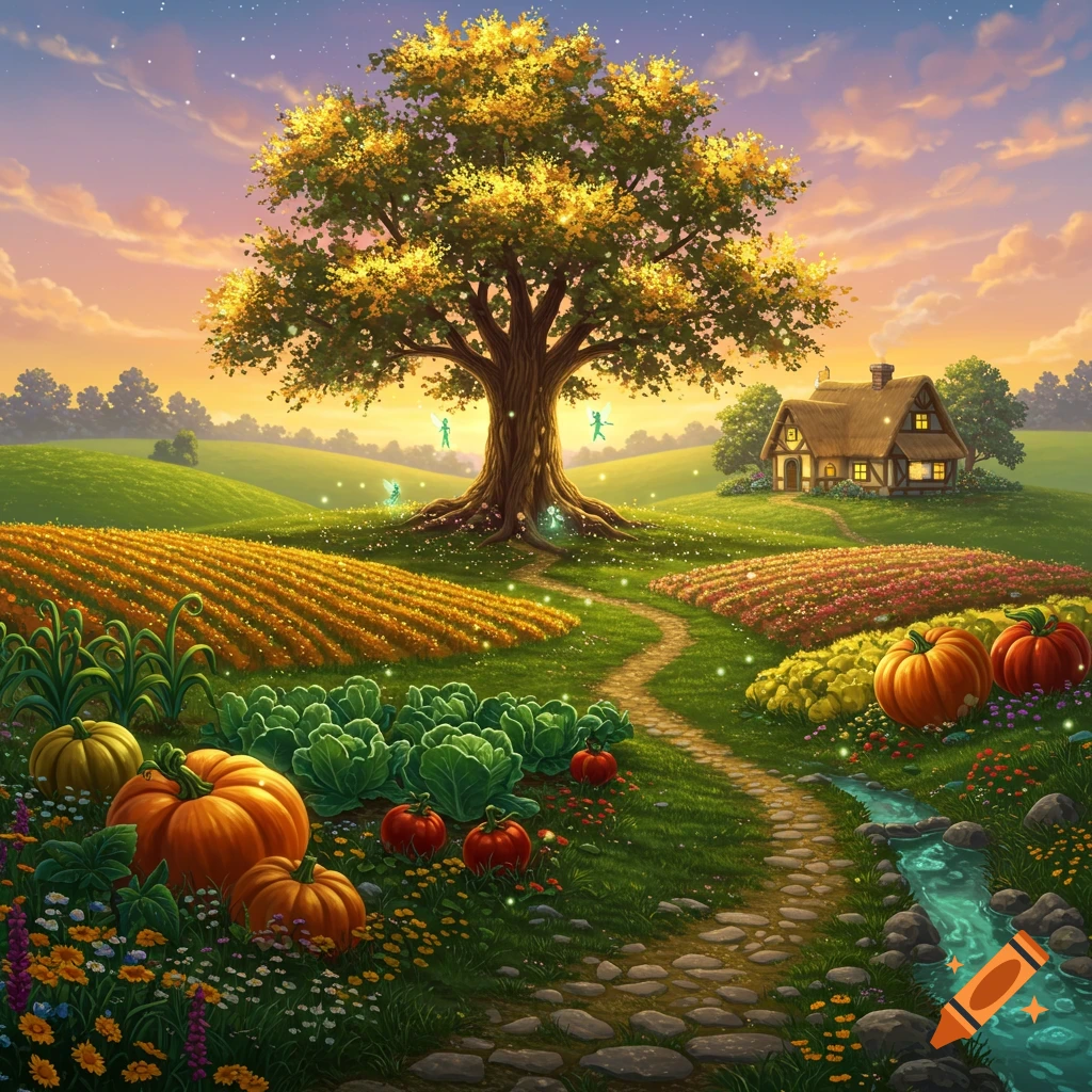 A vibrant fantasy farm landscape at twilight, featuring a glowing tree, a cozy cottage, lush fields of crops, pumpkins, and whimsical fairies.