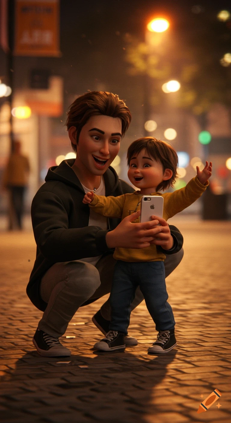 A man and a child in 3D animation style take a selfie on a city street at night.