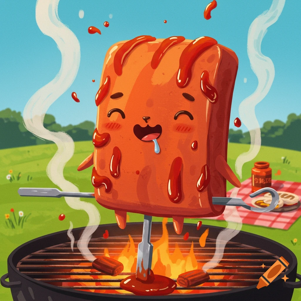 A cute, cartoon-style anthropomorphic chitlin on a skewer smiles happily while being barbecued over flames in a green field.