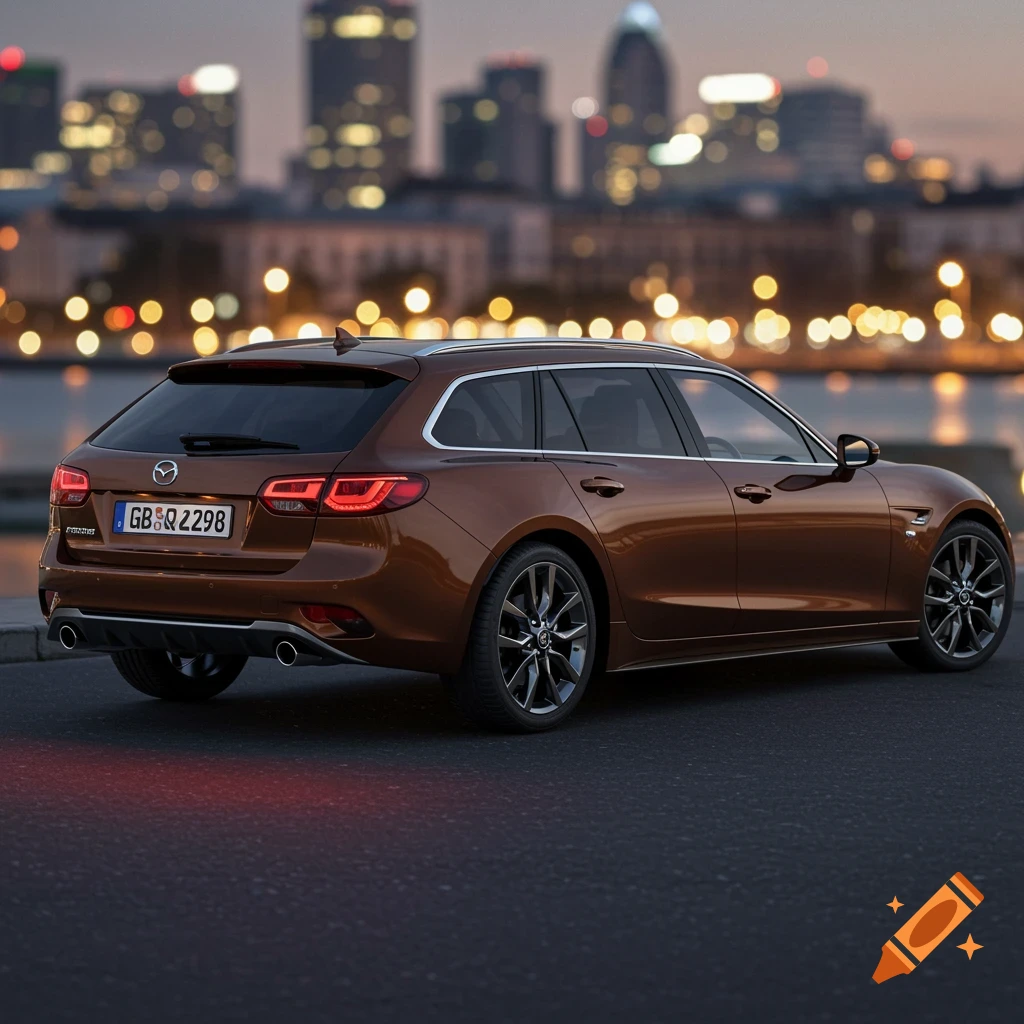 A brown station wagon parked on a street at dusk, with a blurred city skyline and illuminated buildings in the background.