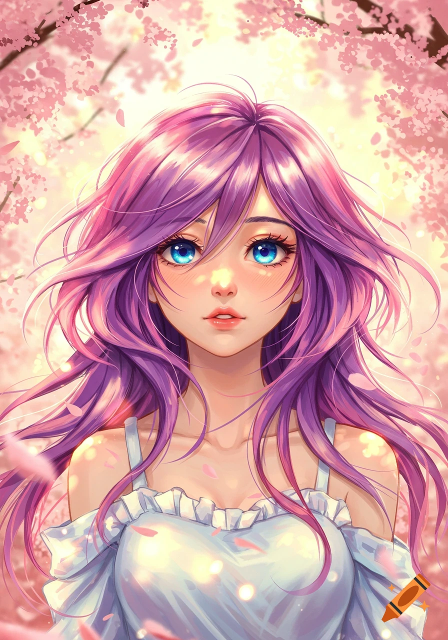 Vibrant anime portrait of a girl with long purple hair and bright blue eyes, surrounded by pink cherry blossoms.