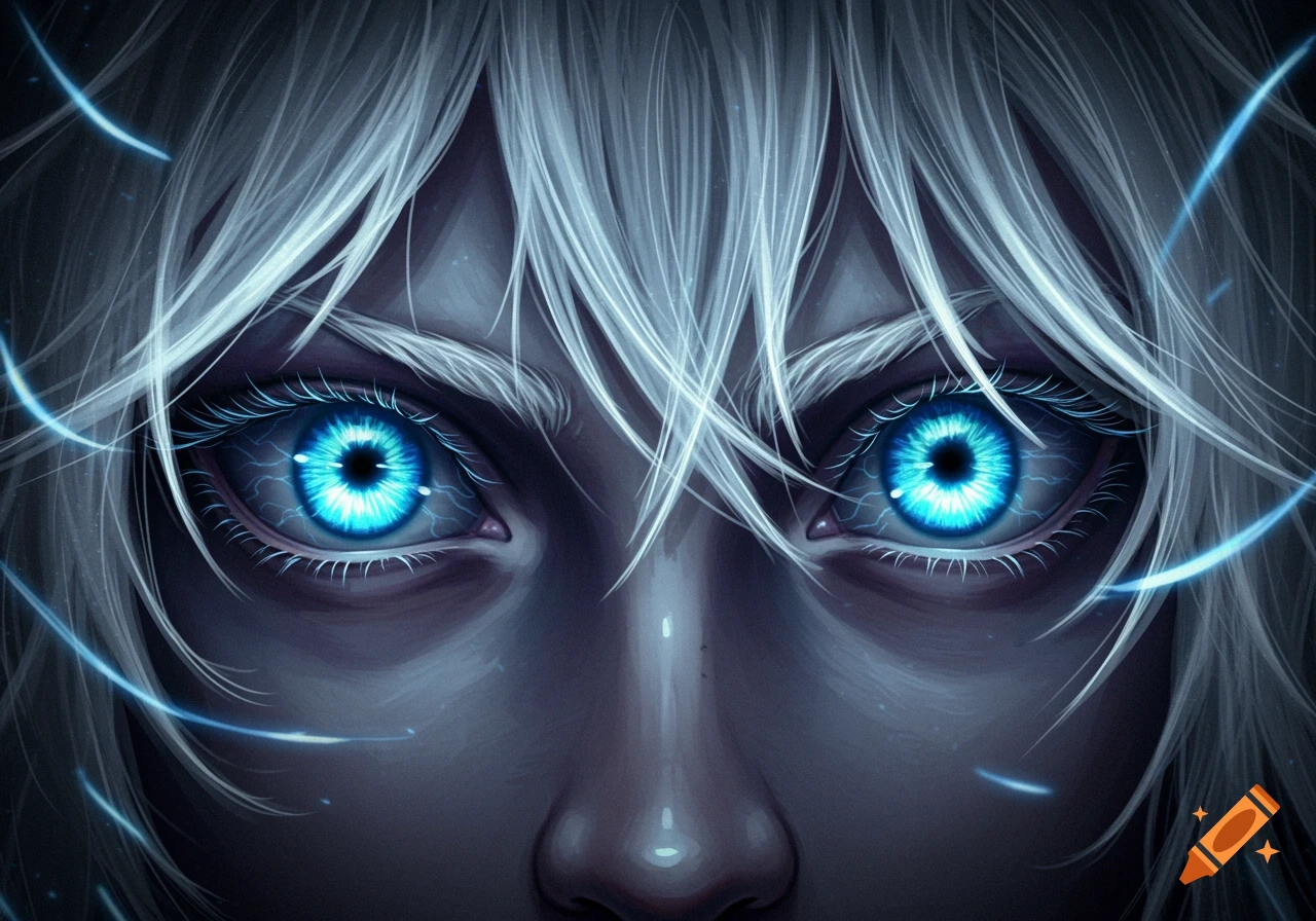 Close-up of bright blue glowing anime eyes with white hair.