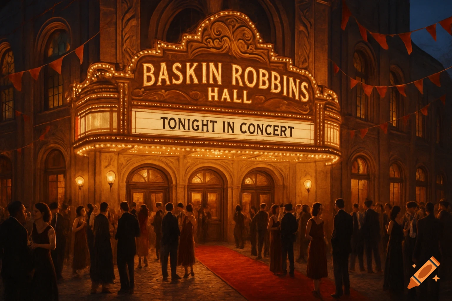 Grand theater marquee at night with "Baskin Robbins Hall" and "Tonight in Concert" signs, a red carpet, and people gathered outside.