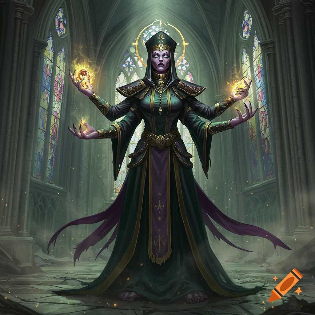 A multi-armed female mutant priestess with dark skin and white eyes stands in a gothic cathedral, holding glowing orbs.