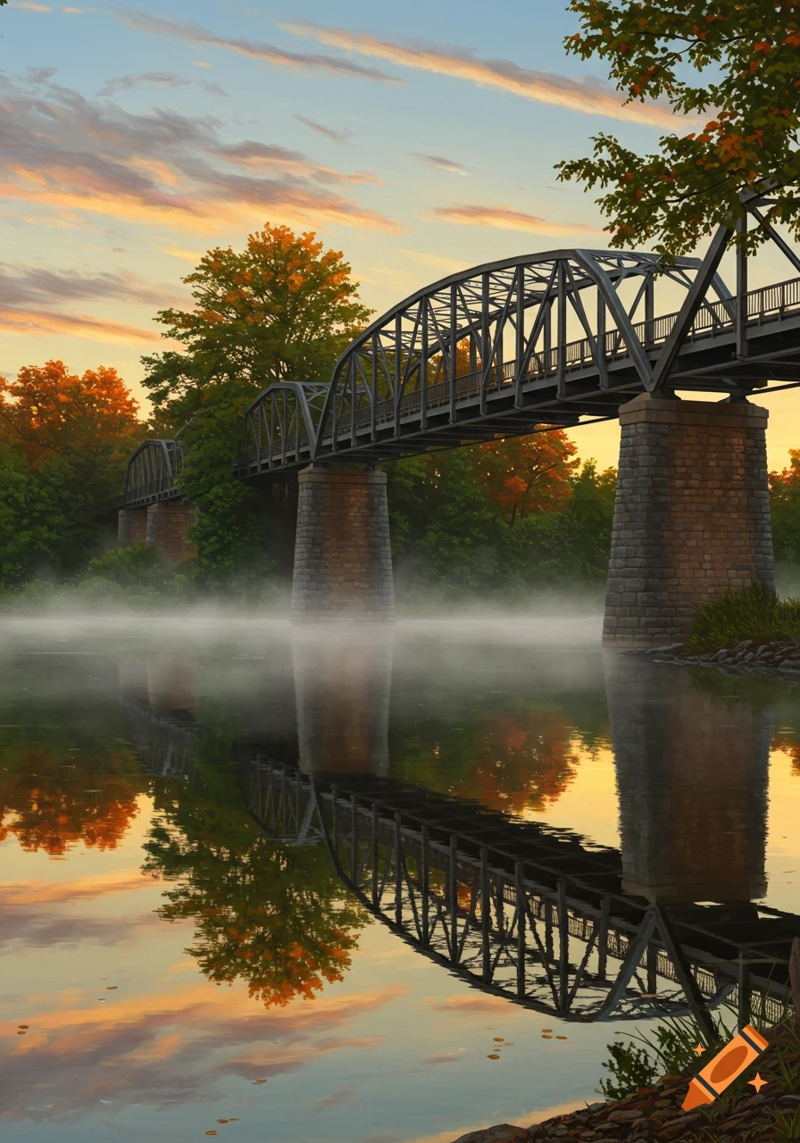 Photorealistic truss bridge over a misty river at sunrise or sunset, reflecting in the water amidst autumnal trees.