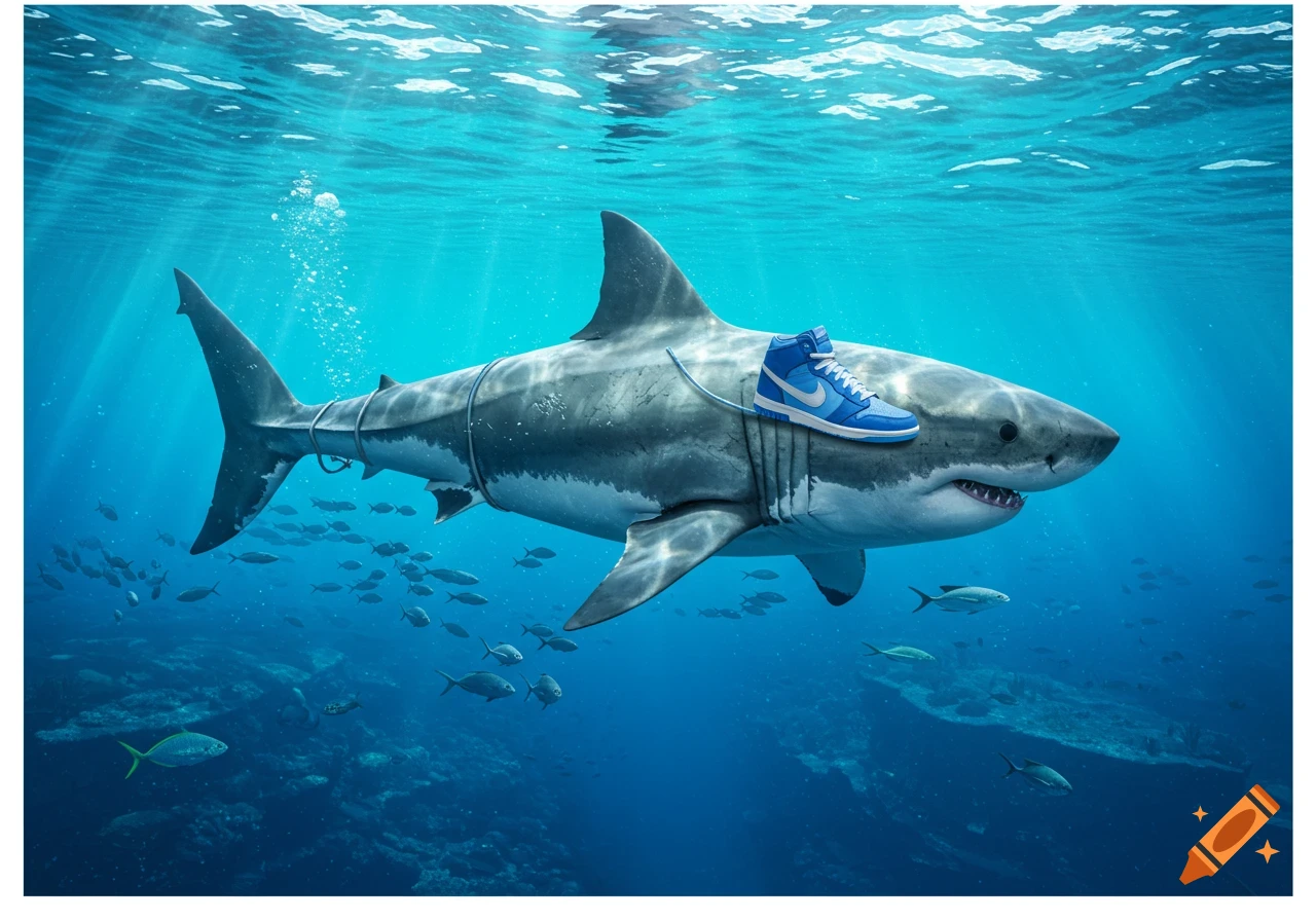 A blue Nike sneaker strapped to the back of a great white shark swimming underwater with smaller fish.