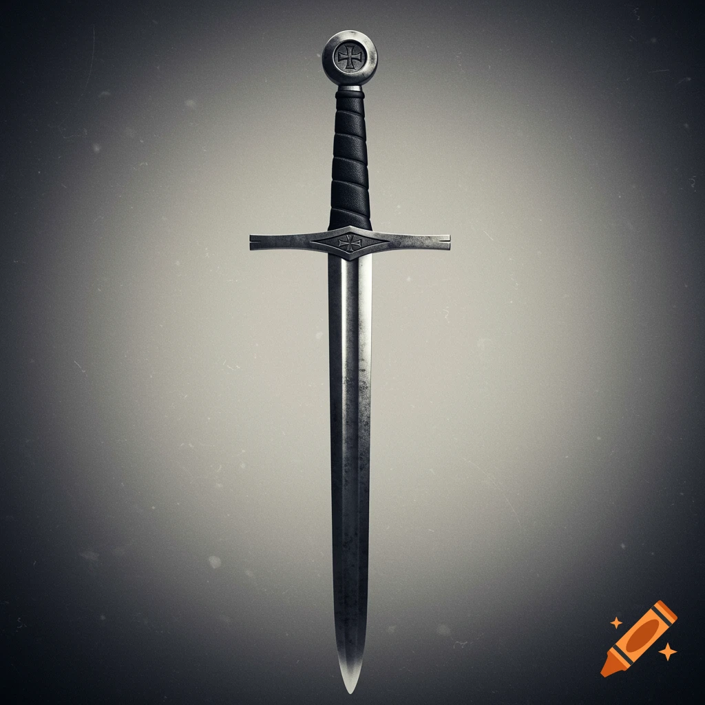 A detailed medieval crusader sword with a black handle and cross pommel against a dark background.