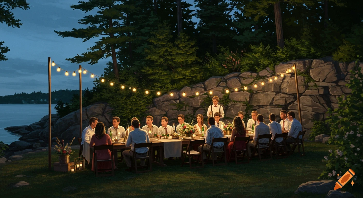 An outdoor evening dinner party with people seated at a long table by a lake, illuminated by string lights, with a rock wall behind them.