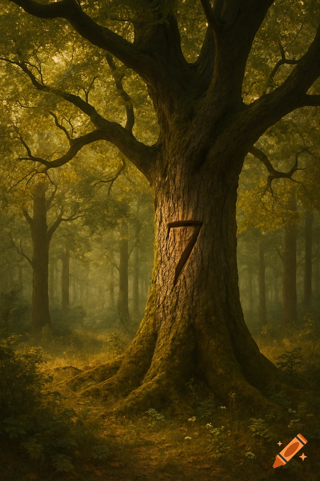 A large, ancient tree with the number 7 carved into its trunk stands in a mystical, foggy forest with glowing sunlight.