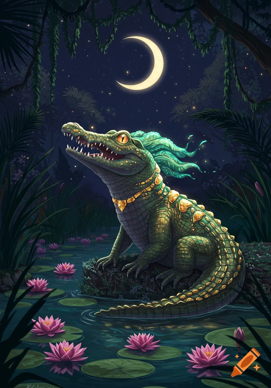 A stylized green alligator with gold scales and a flowing teal mane sits in a dark swamp at night, surrounded by pink water lilies, under a crescent moon.