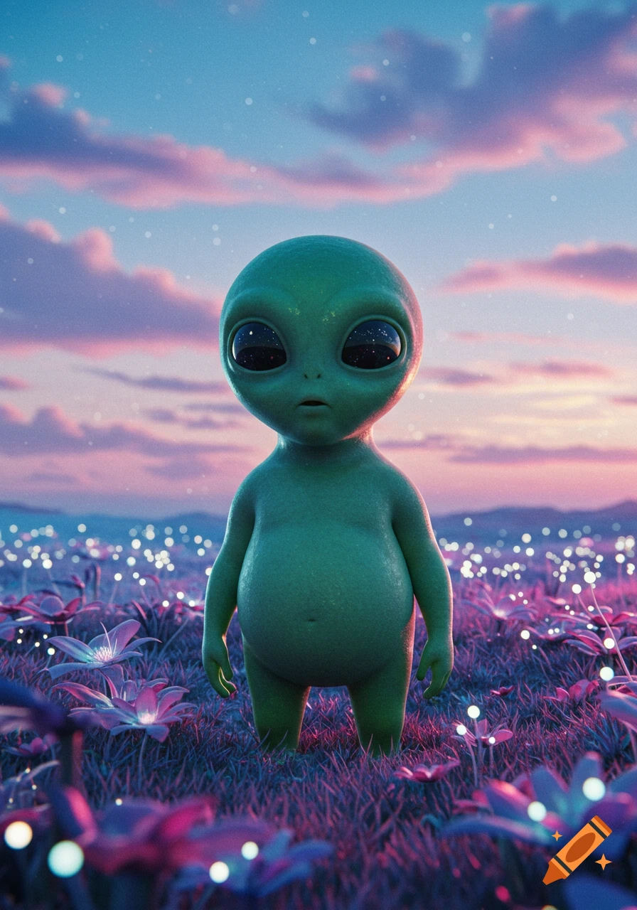 A cute, chubby green alien with large dark eyes stands in a field of glowing purple and pink flowers under a pastel sky.