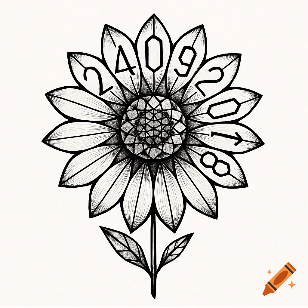 Black ink line art of a geometric daisy flower with the numbers 24092018 subtly integrated into its petals.