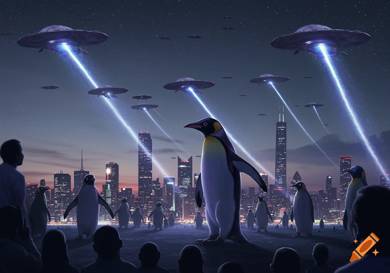Numerous UFOs shine beams onto a city filled with penguins and human onlookers during an alien invasion at dusk.