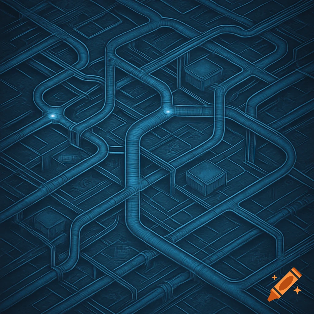 Abstract dark blue blueprint-like image with interconnected pipes or circuits and glowing blue nodes.