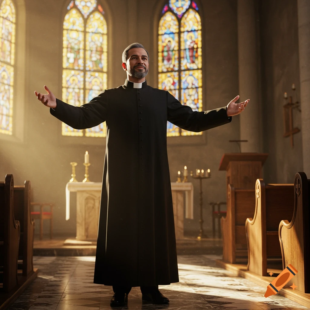 A photorealistic depiction of a Christian priest with arms outstretched inside a church with stained glass windows.