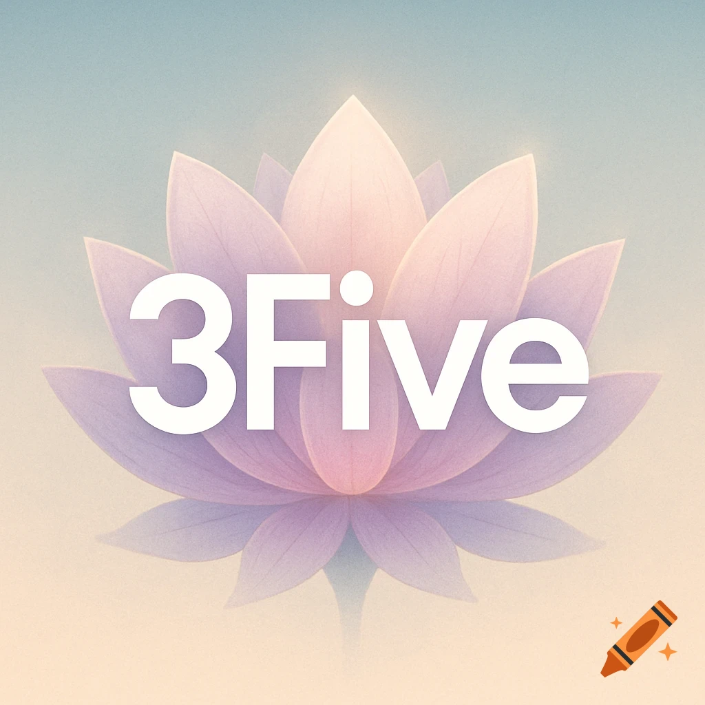 Logo for '3Five' featuring a pastel pink and purple lotus flower on a gradient background.