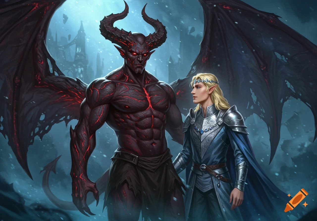 A powerful, red-glowing demon with large wings stands next to an elven prince in silver armor, in a fantasy setting.