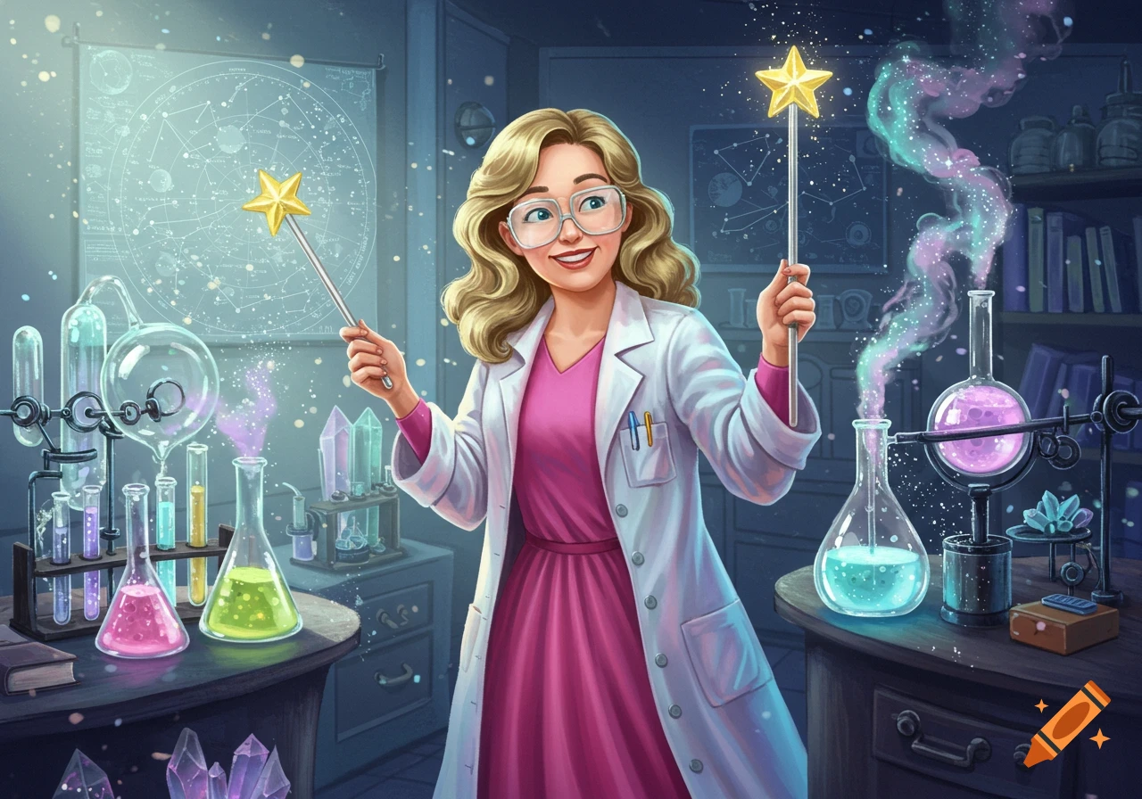 Smiling blonde woman in lab coat and glasses holds two magic wands in a whimsical science lab with colorful experiments and crystals.