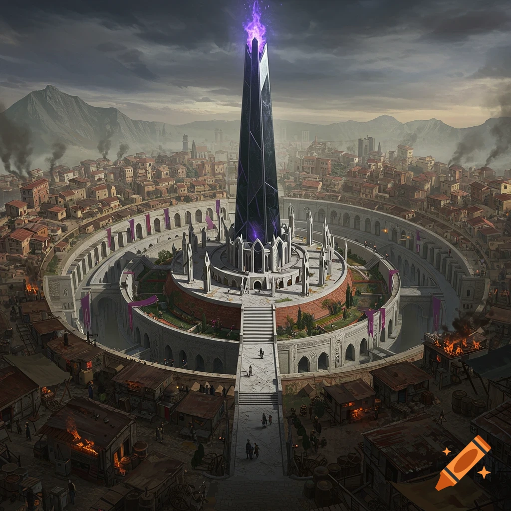 A vast fantasy city with concentric rings, featuring a towering obsidian spire crowned by a violet flame under a cloudy sky.