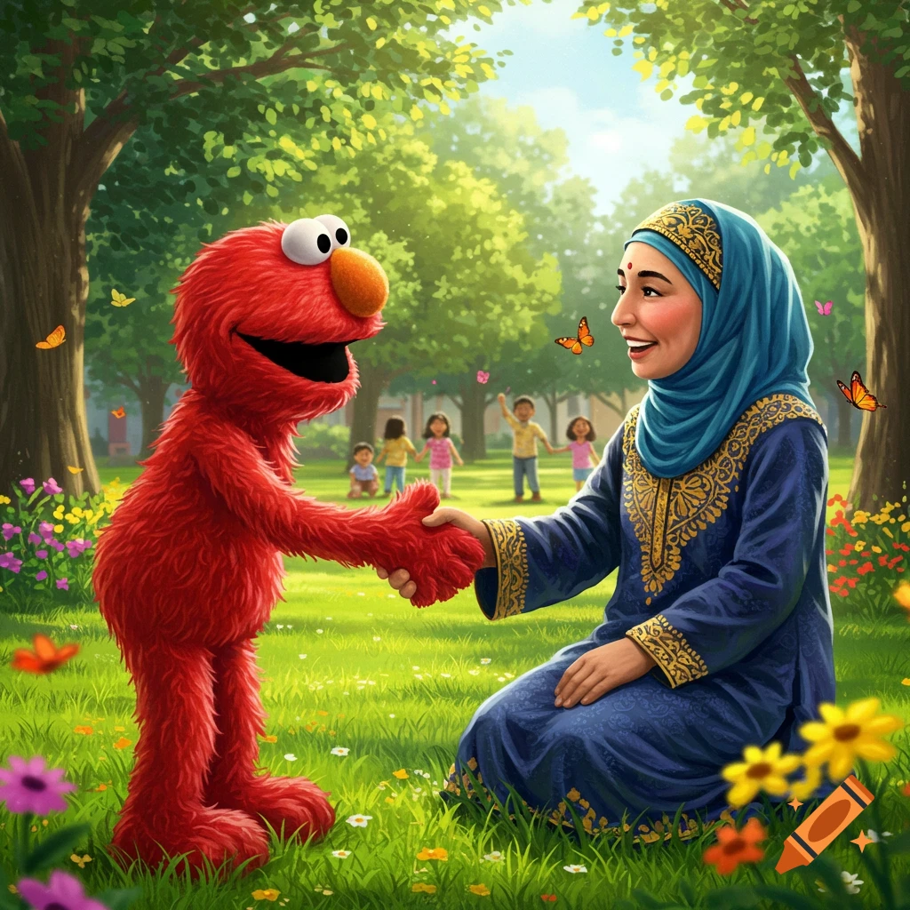 Elmo shakes hands with a smiling Muslim woman in a blue hijab in a vibrant green park with trees and flowers.