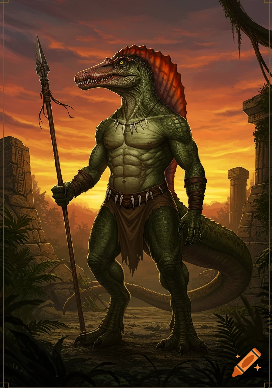 A muscular, anthropomorphic green spinosaurus warrior holding a spear, standing amidst ancient ruins at sunset.