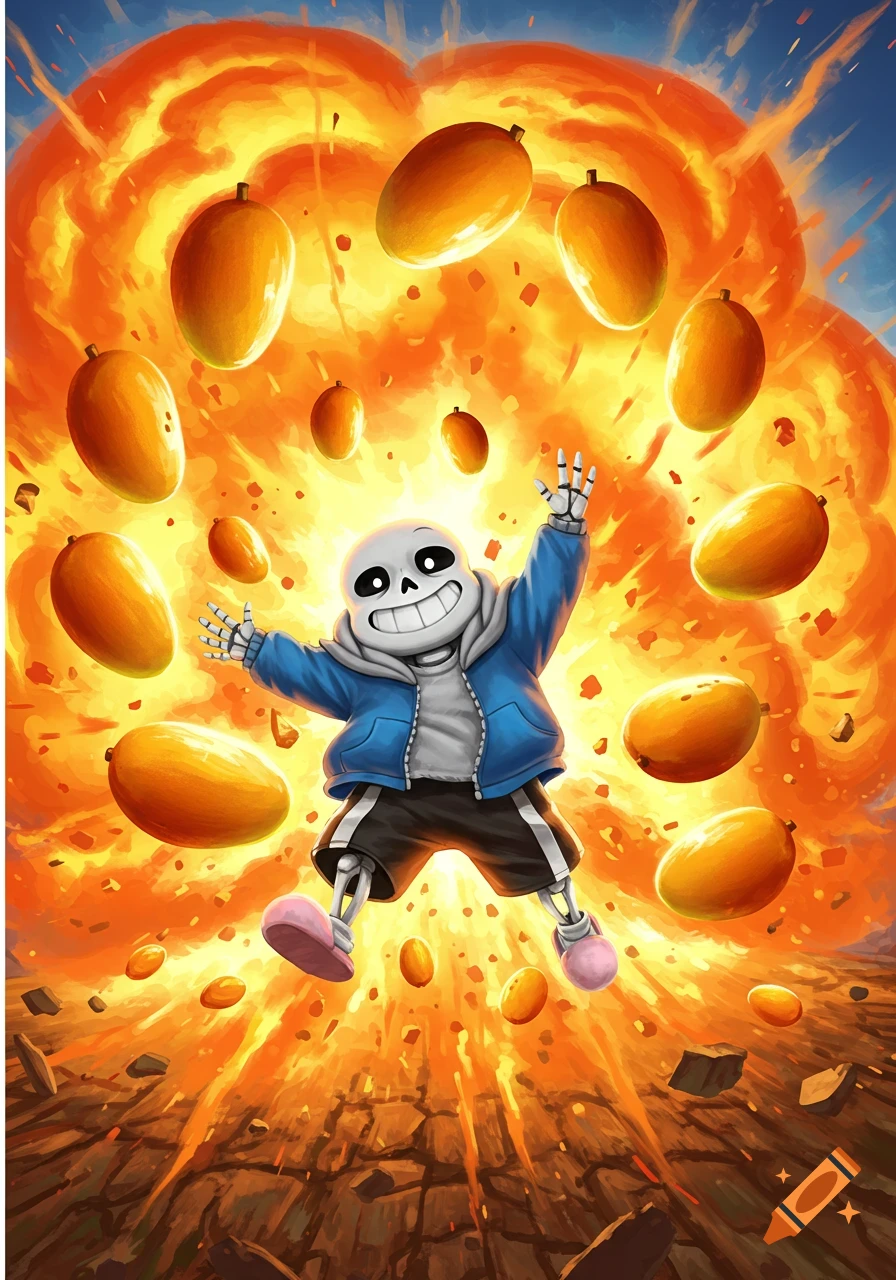 Sans the skeleton character jumps out of a fiery explosion, surrounded by floating mangoes.