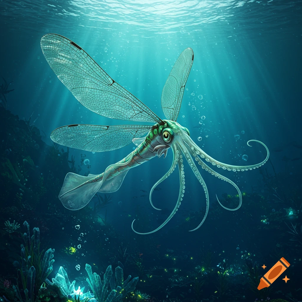 A fantastical creature with large dragonfly wings and a squid-like body swims in sunlit teal water above glowing coral.