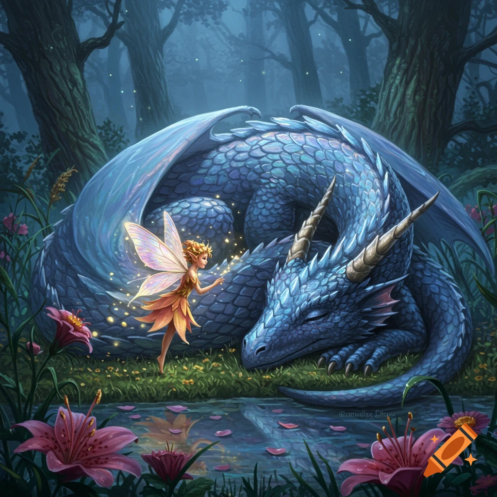A small, glowing fairy with golden hair stands before a large, sleeping blue dragon in a mystical forest with pink lilies.