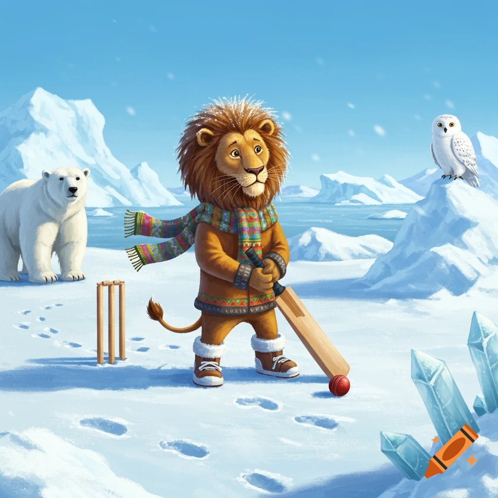 A friendly lion in a colorful scarf and snow boots holds a cricket bat on a snowy Arctic field, with a polar bear and snowy owl nearby, in an illustrated style.