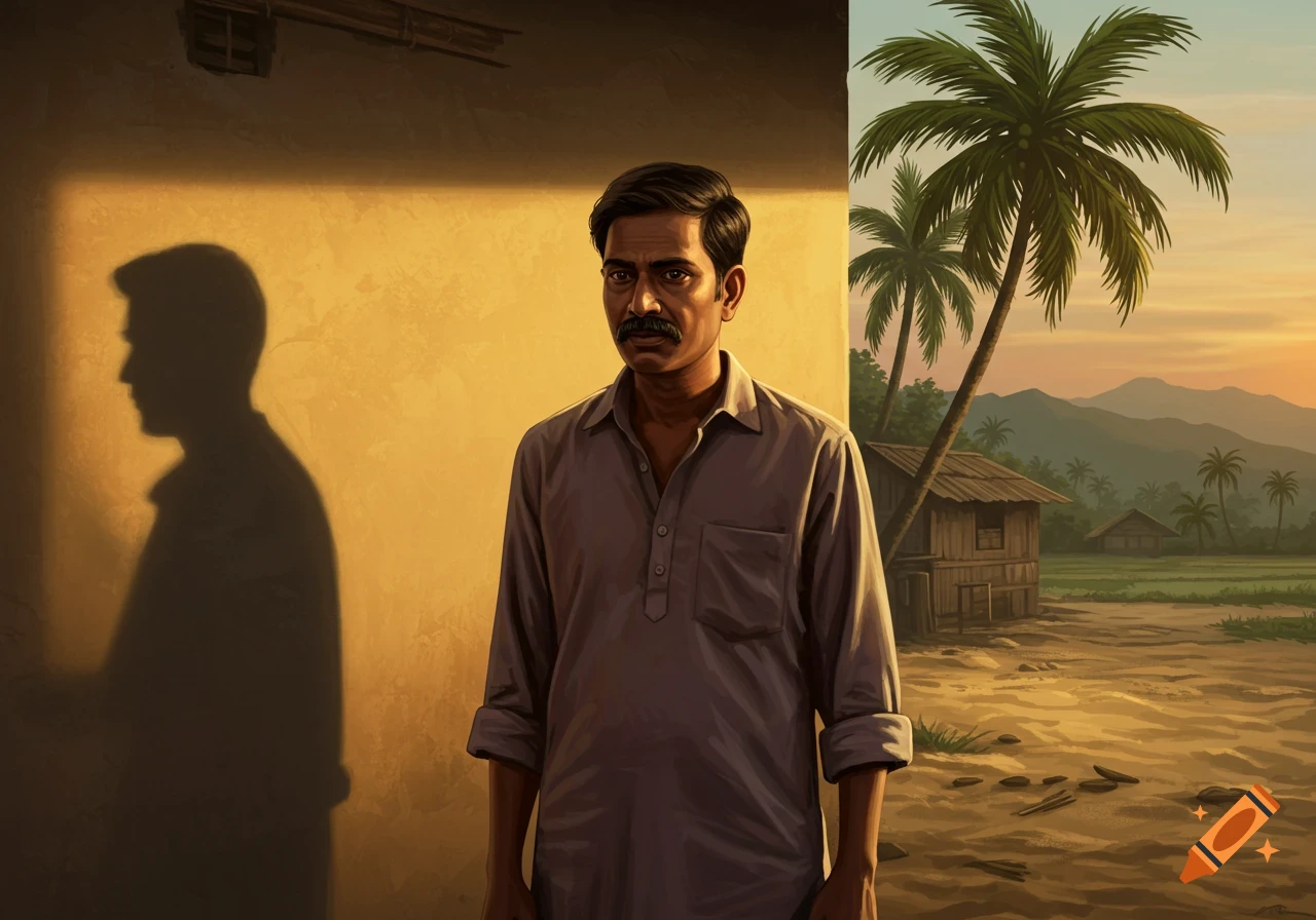 Illustration of an Indian man with a mustache standing by a sunlit wall, with palm trees and huts in a rural landscape at sunset.