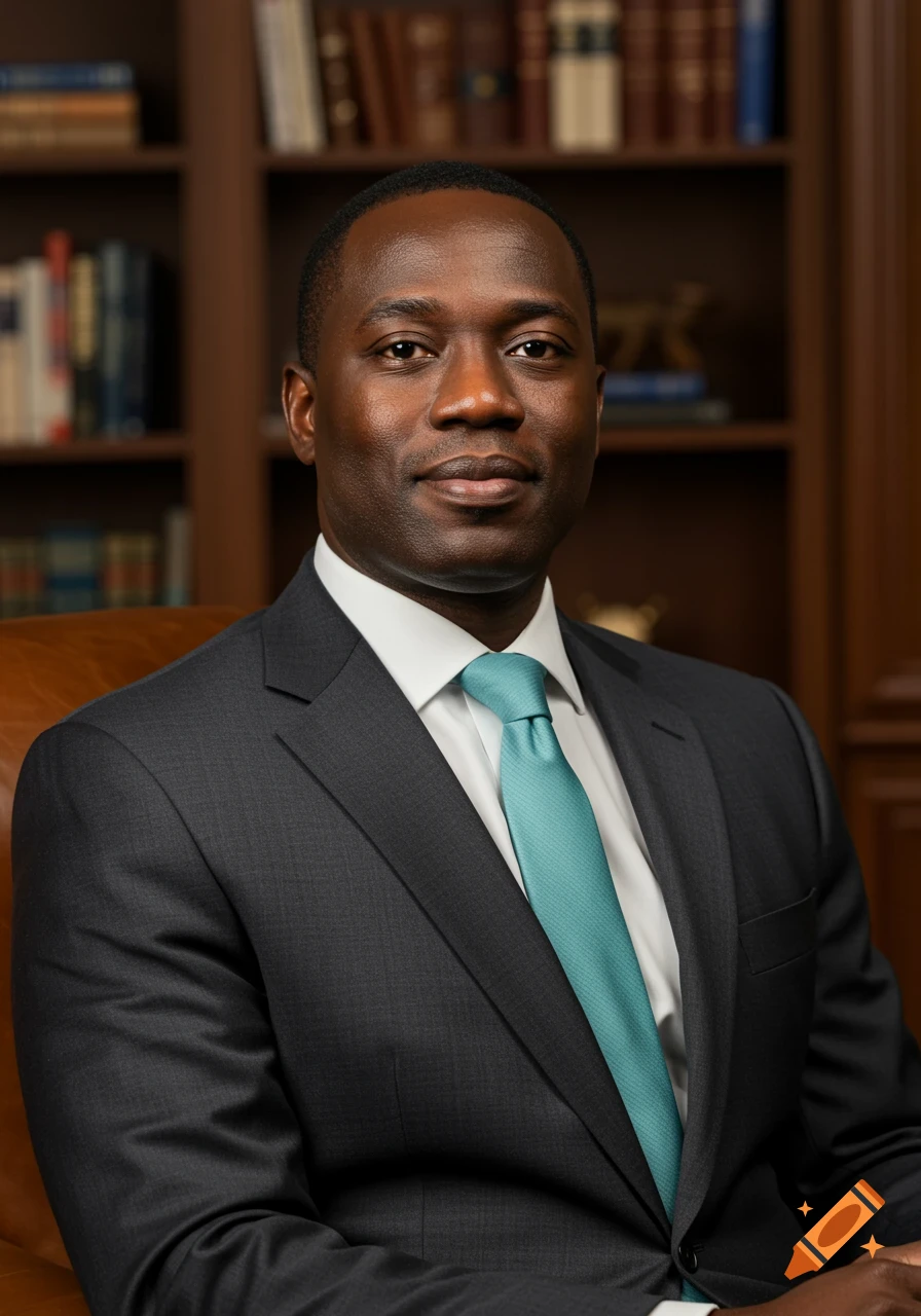A professional portrait of a man in a dark suit and teal tie, sitting in front of bookshelves.
