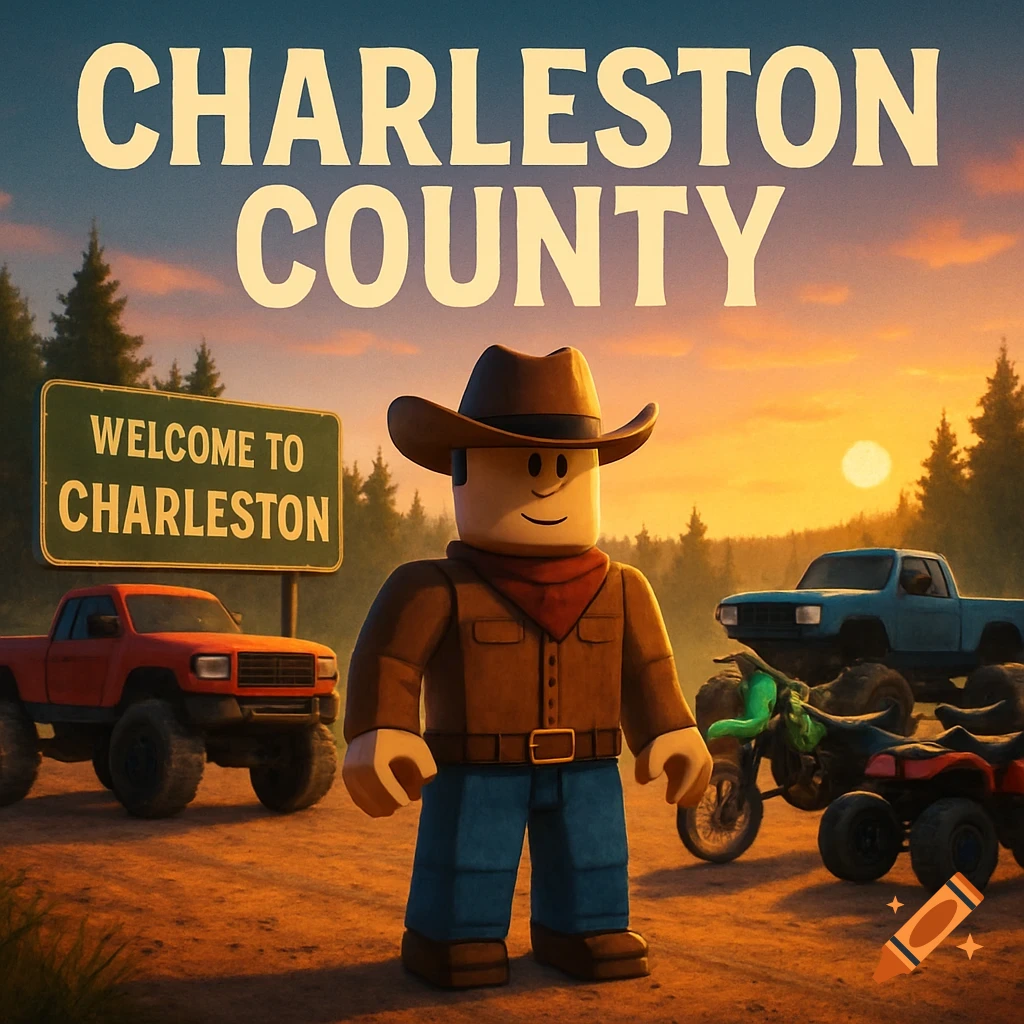 Roblox-style cowboy on a dirt road with trucks and ATVs at sunset, next to a 'Welcome to Charleston' sign, with 'Charleston County' title.