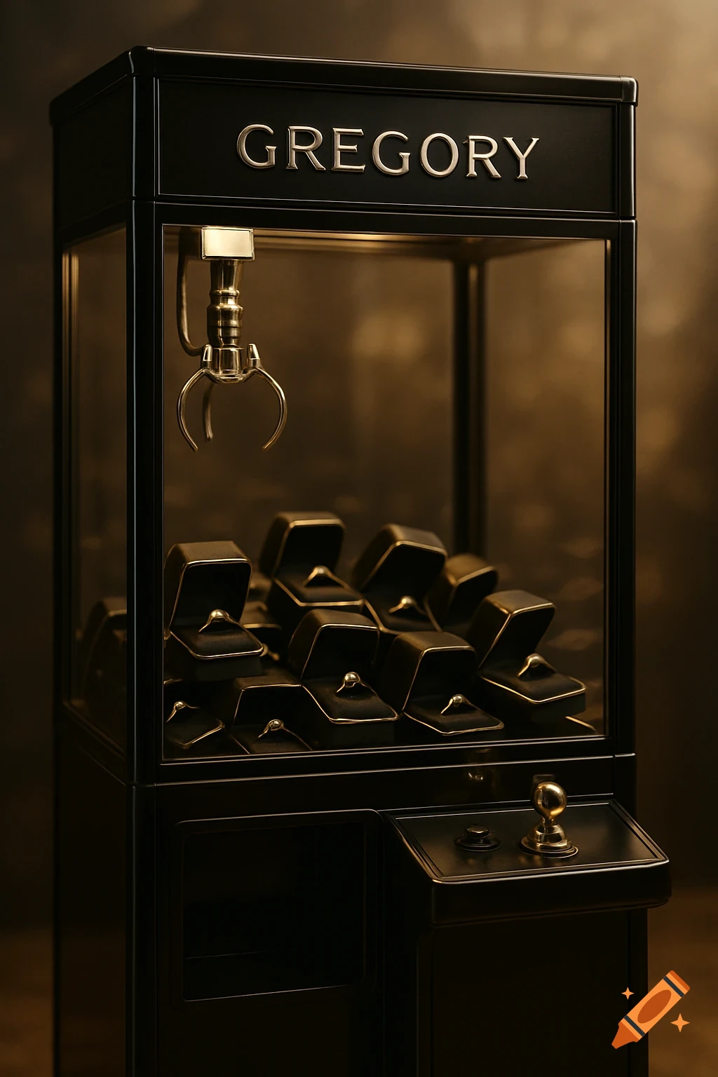 A black luxury claw machine filled with black ring boxes with engagement rings, featuring a golden claw and a 'GREGORY' logo at the top.