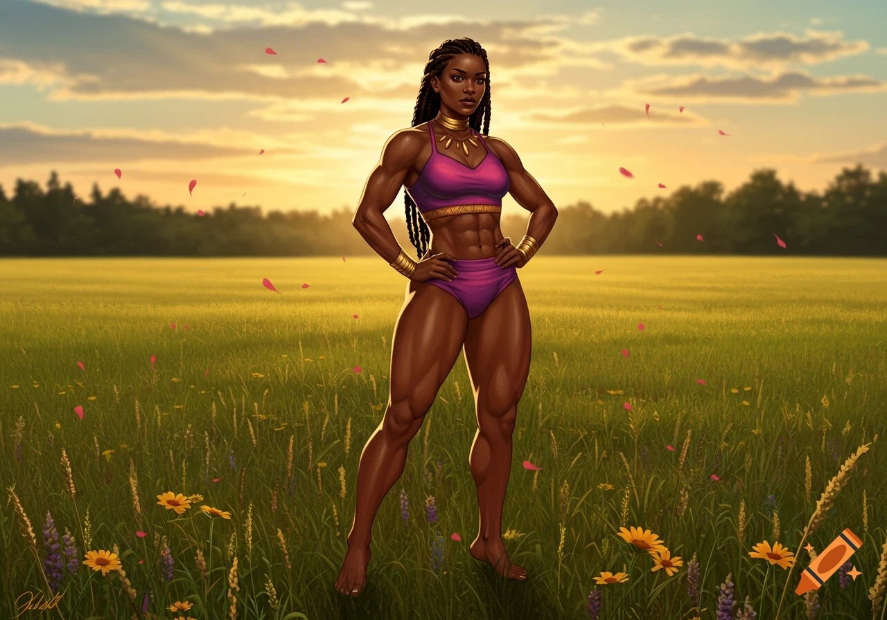An athletic Black woman in a purple bikini stands confidently in a sunlit green field at sunset. Digital art.