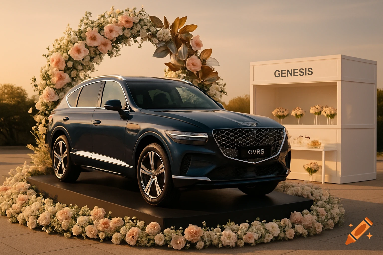 A dark blue Genesis GV80 SUV displayed on a black platform surrounded by elegant pink and white floral arrangements and a large floral arch at sunset.