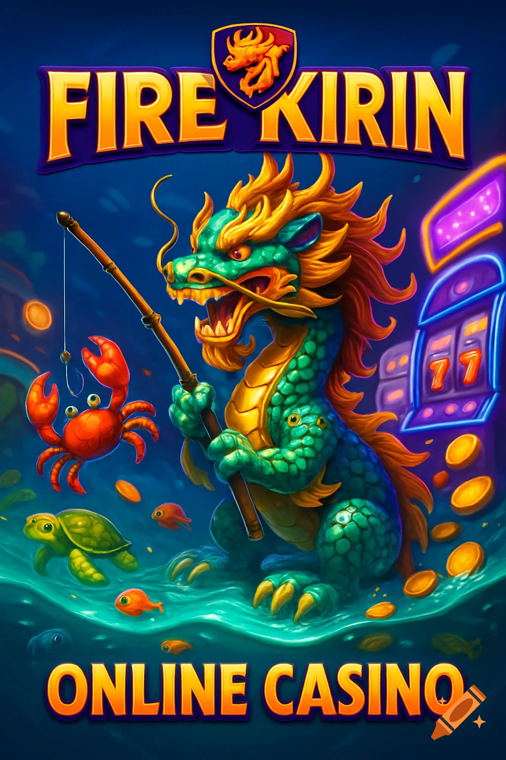 Colorful 3D cartoon dragon fishing for a crab underwater with slot machine in background. Text: FIRE KIRIN, ONLINE CASINO.