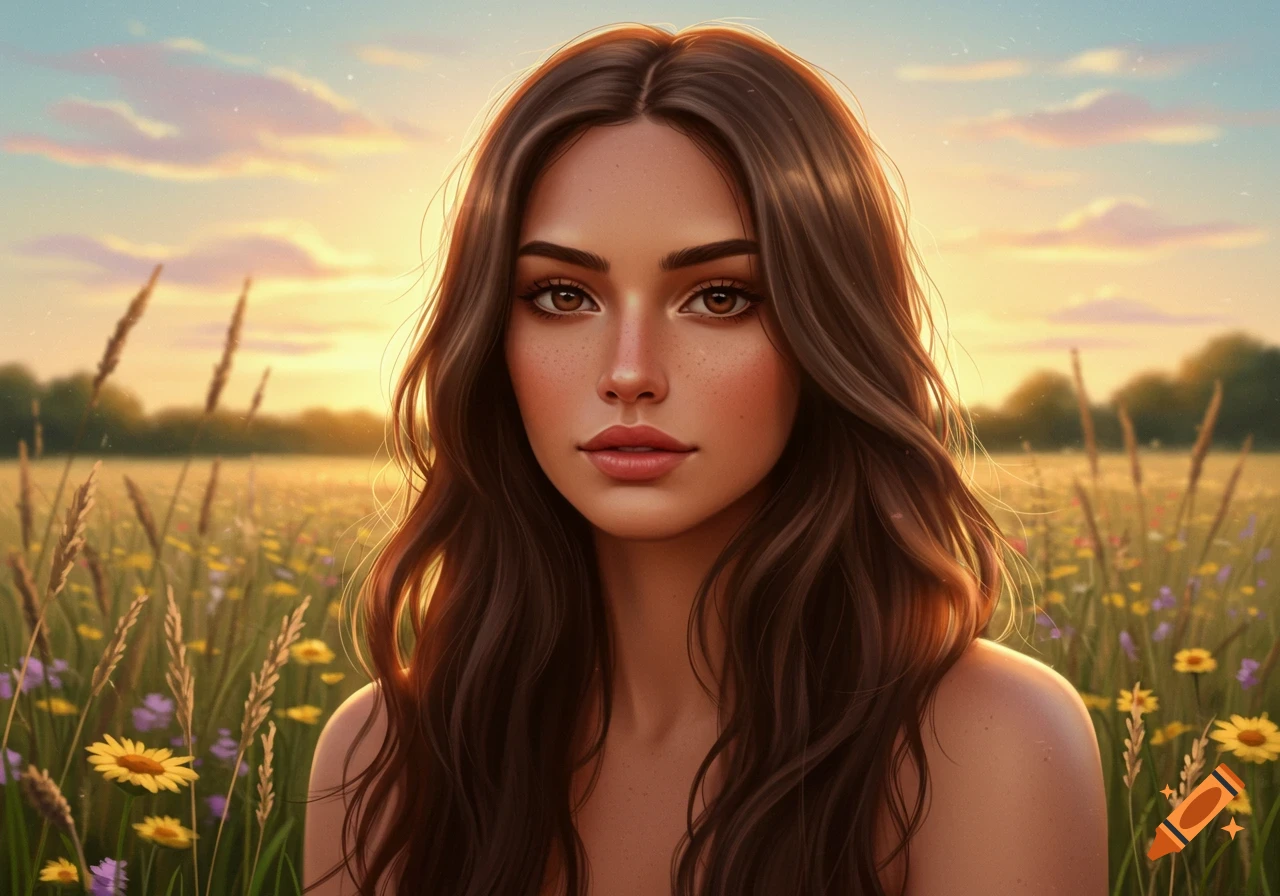 Portrait of a beautiful young woman with long brown hair, looking directly at the viewer, in a sunlit field with wildflowers at sunset.