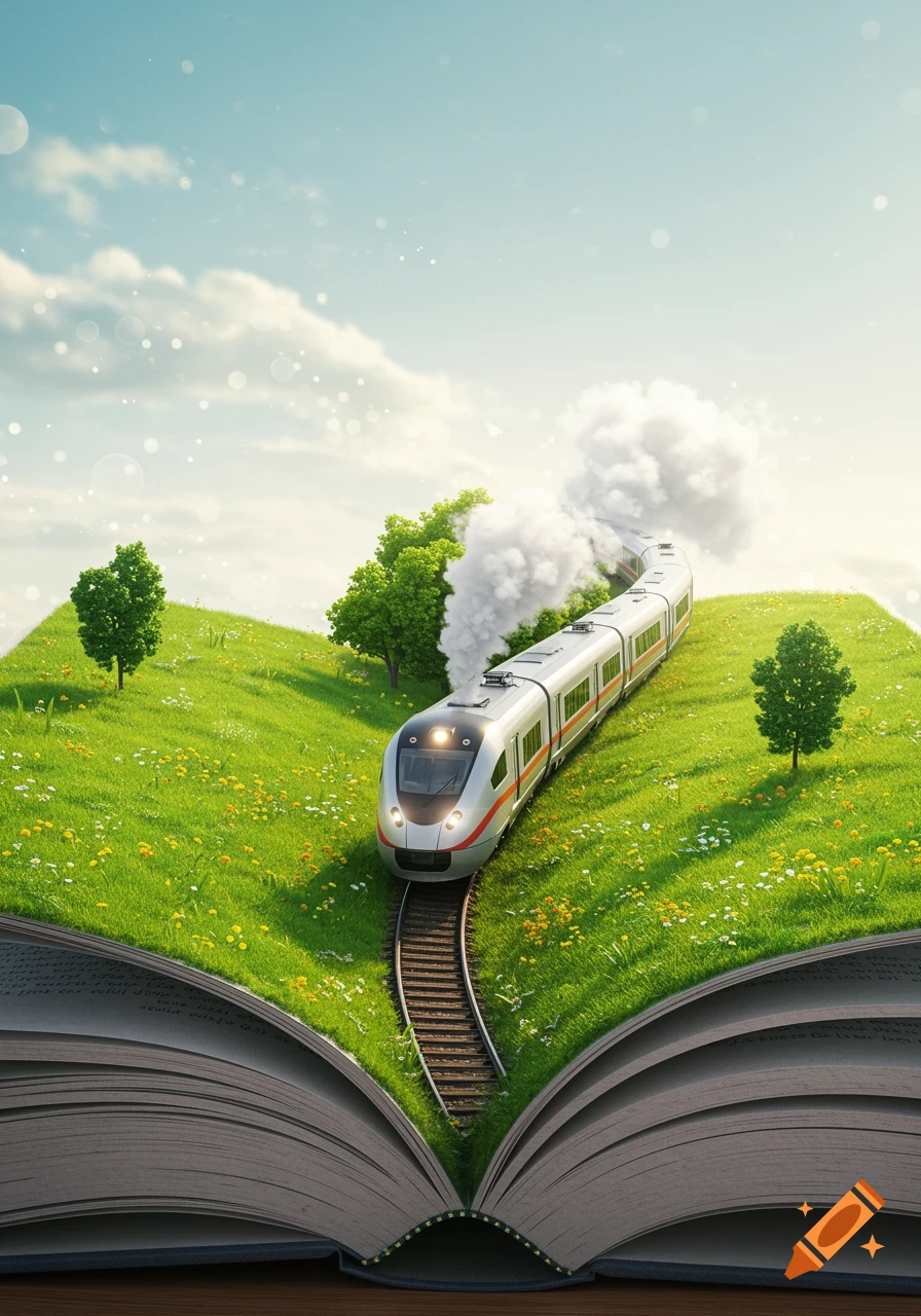A modern train travels on tracks through a lush green landscape with trees and flowers, emerging from the pages of a large open book under a bright blue sky with clouds and sparkling light.
