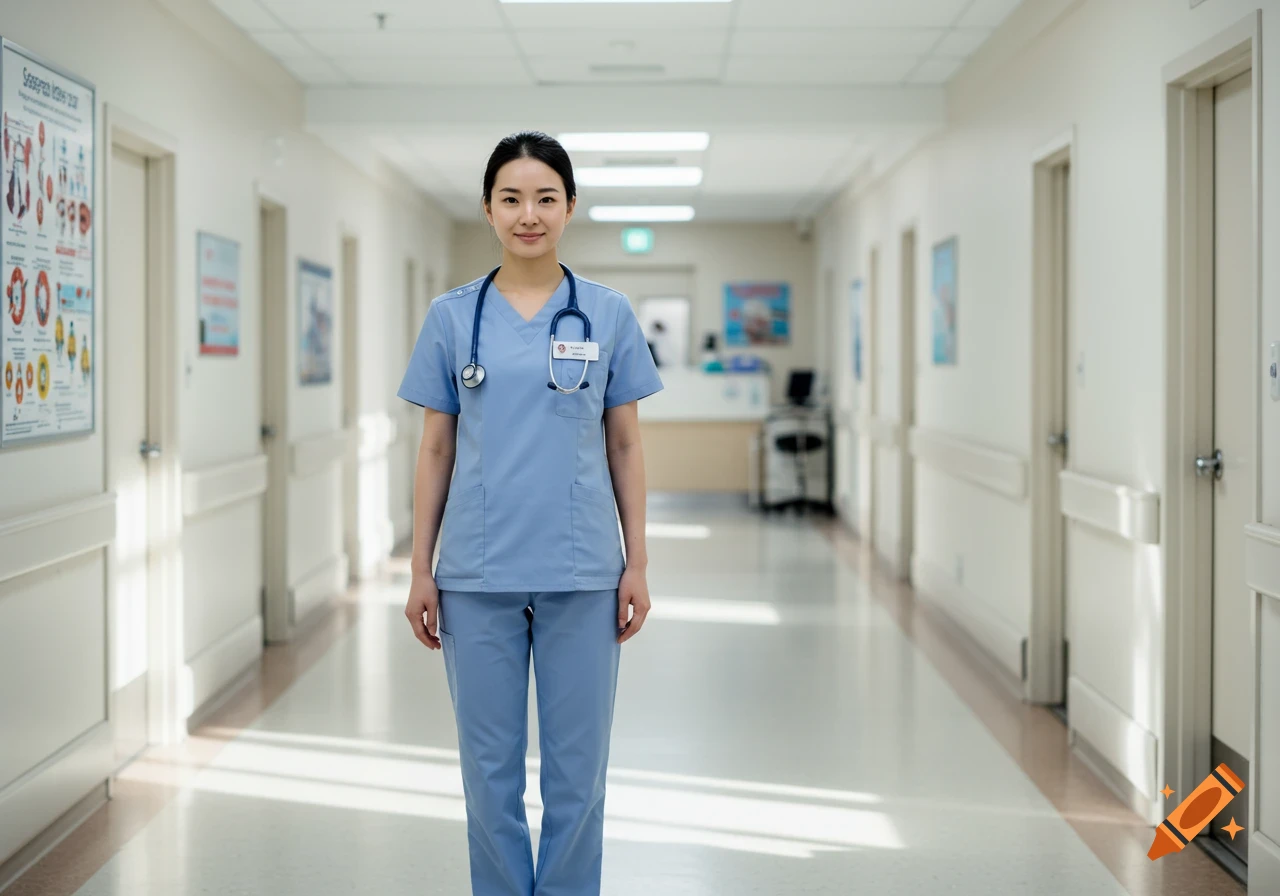 A smiling Asian nurse in blue scrubs and a stethoscope stands in a brightly lit hospital hallway.