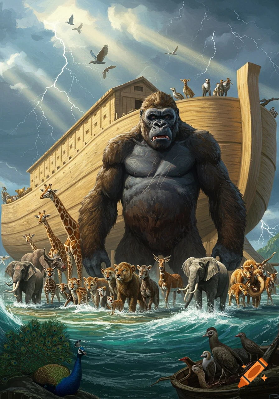 A colossal King Kong stands before Noah's Ark, surrounded by various  animals on stormy waters with lightning striking the sky in an illustrative  style. on Craiyon, image size:896x1280